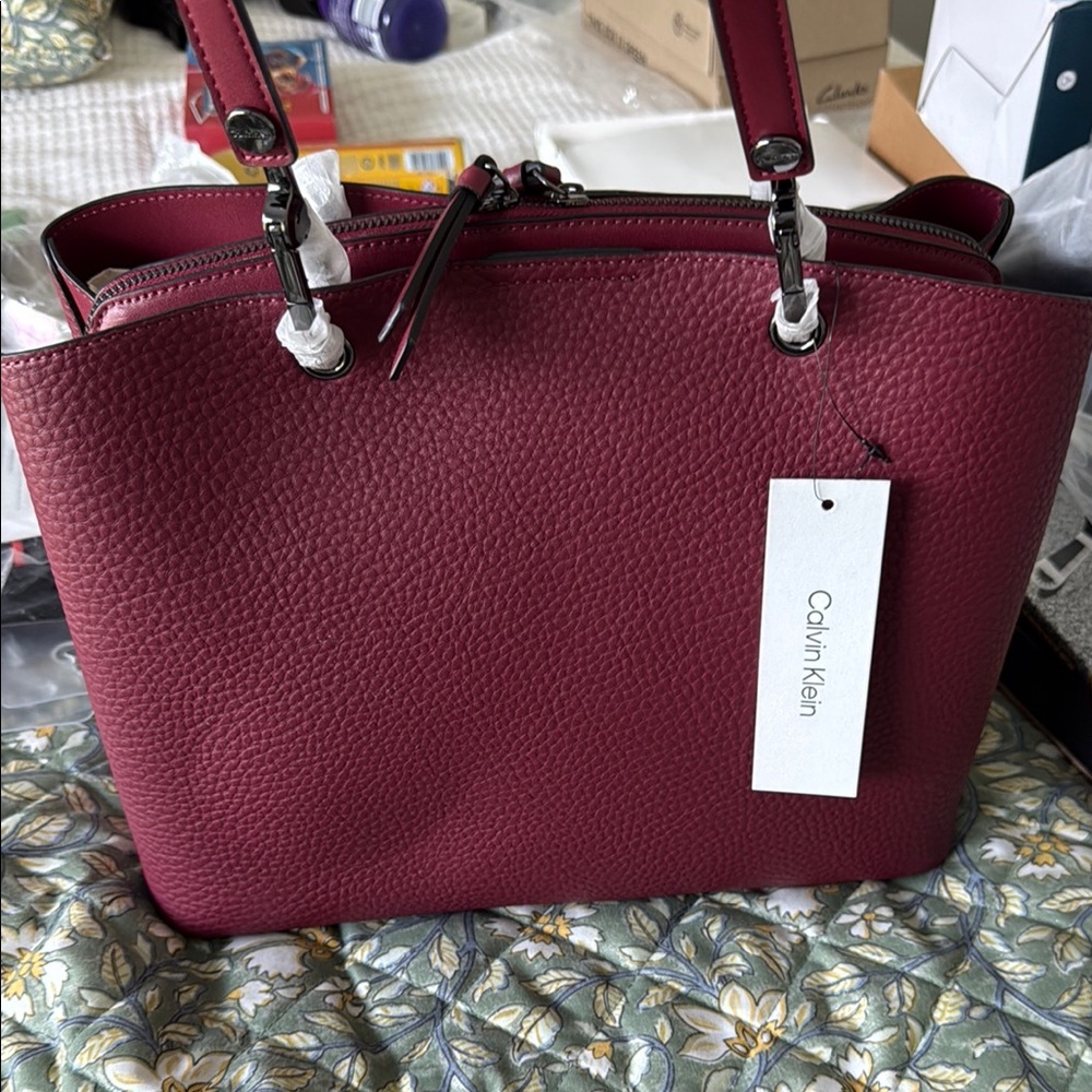 Calvin Klein Red Tote Bag with Structured Design and Silver Hardware